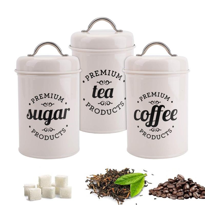 Coffee Tea Sugar - 3 Stück runde Küchenbehälter aus Metall